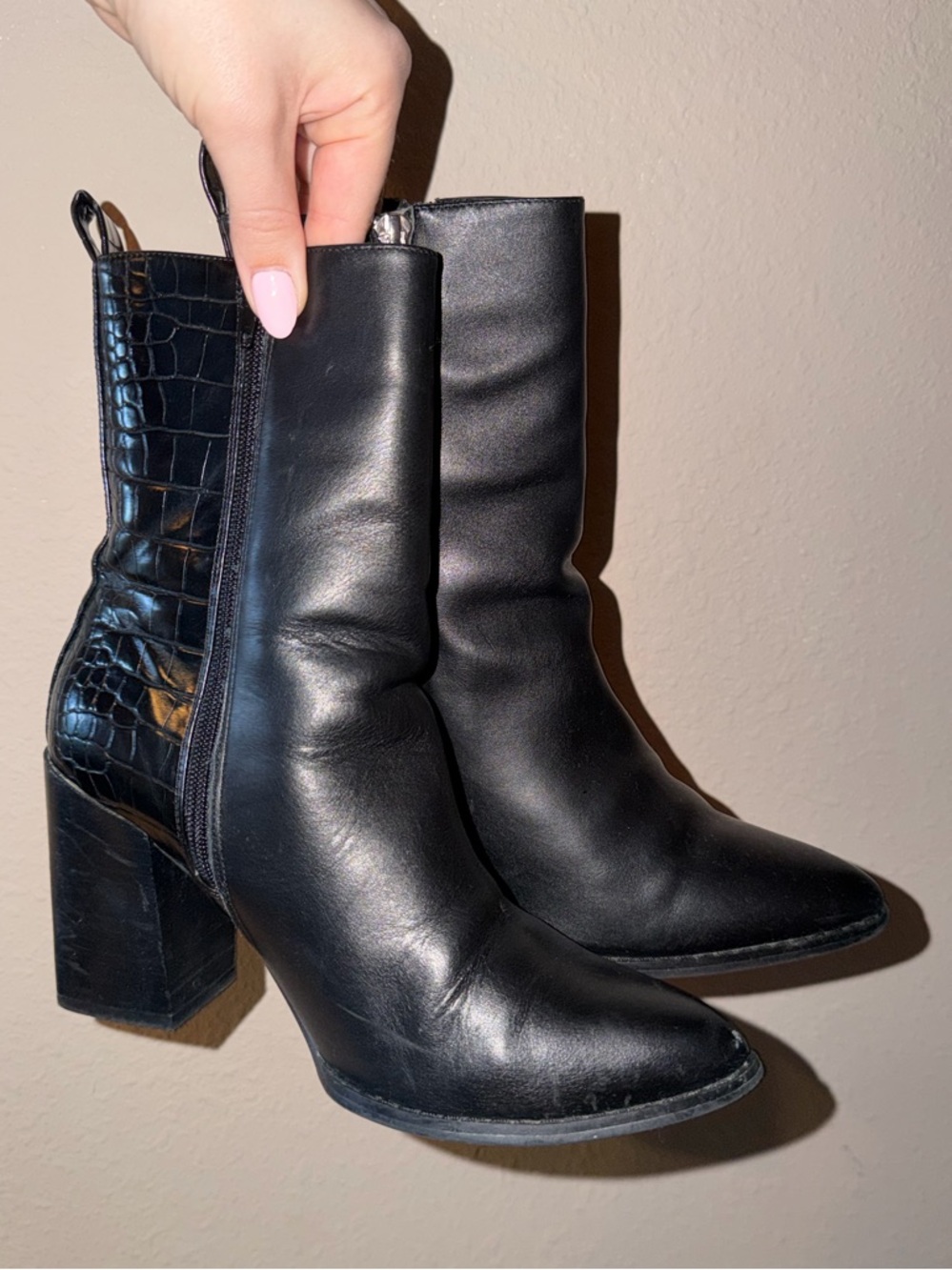 Steve Madden black leather ankle boots with croc print